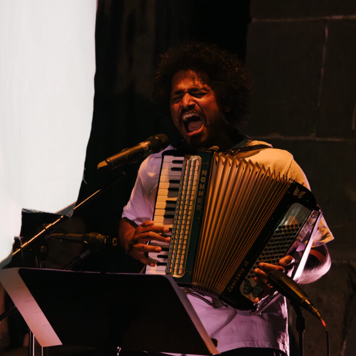 Julian Warner steht auf einer Bühne, singt kraftvoll in ein Mikrofon und spielt ein Hohner‑Concerto‑II‑Akkordeon. Mehrere Mikrofone sind um ihn herum platziert, vor ihm befindet sich ein Notenständer mit Blättern. Die Bühnenbeleuchtung hebt ihn deutlich vom dunklen Hintergrund ab, links ist eine helle Projektionsfläche zu erkennen.