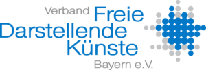 Blauer Schriftzug „Verband Freie Darstellende Künste Bayern e.V.“ links, rechts daneben ein sternförmiges Muster aus blauen und grauen Kreisen.